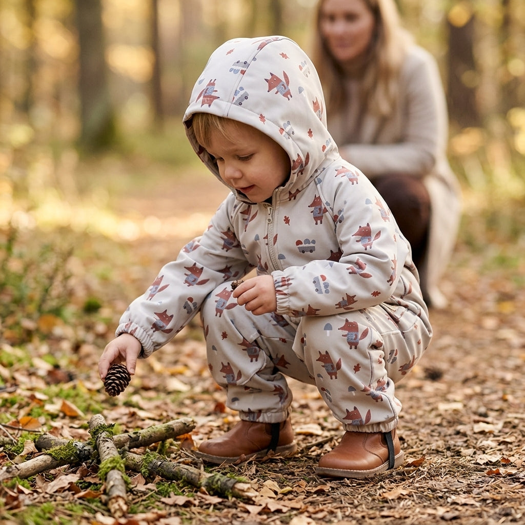 Monkey Mum® Softshell coverall with membrane – Foxes in the Mushrooms - size 98/104, 110/116