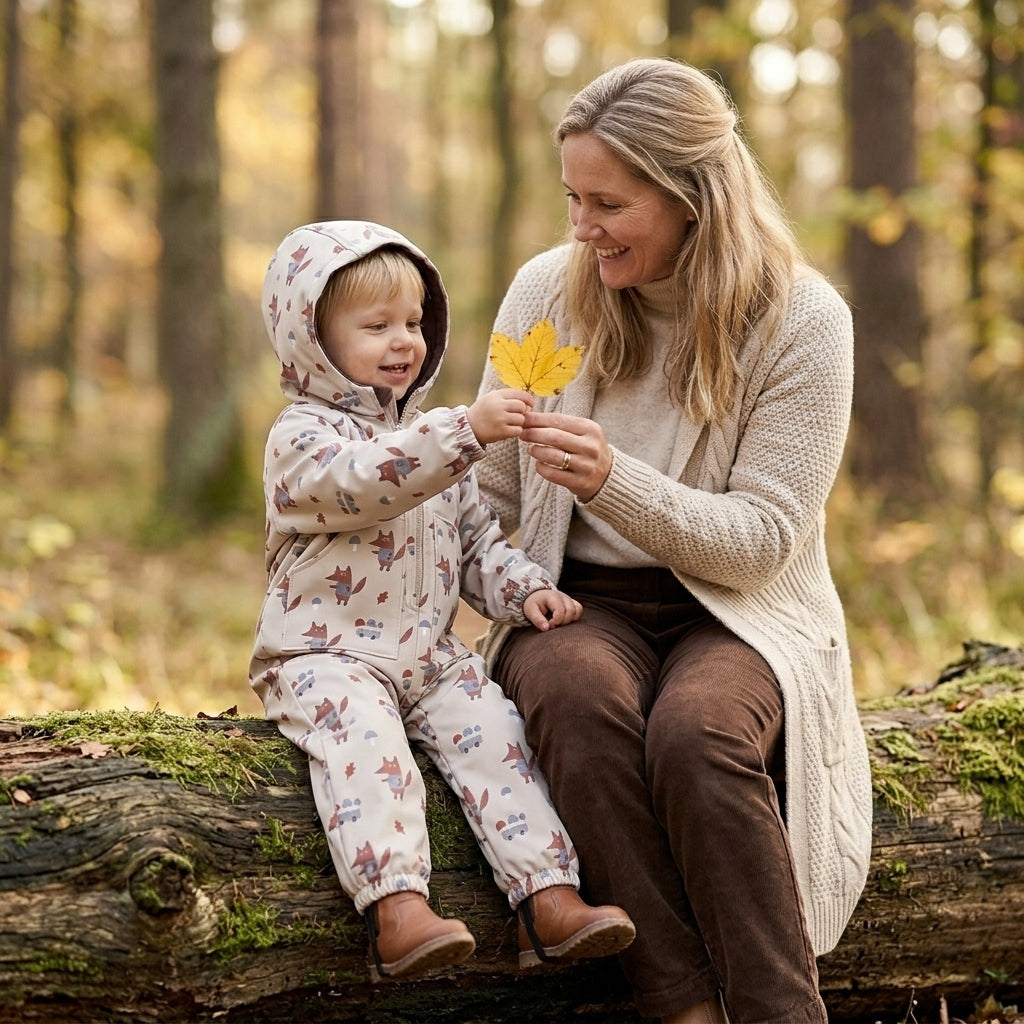 Monkey Mum® Softshell coverall with membrane – Foxes in the Mushrooms - size 98/104, 110/116