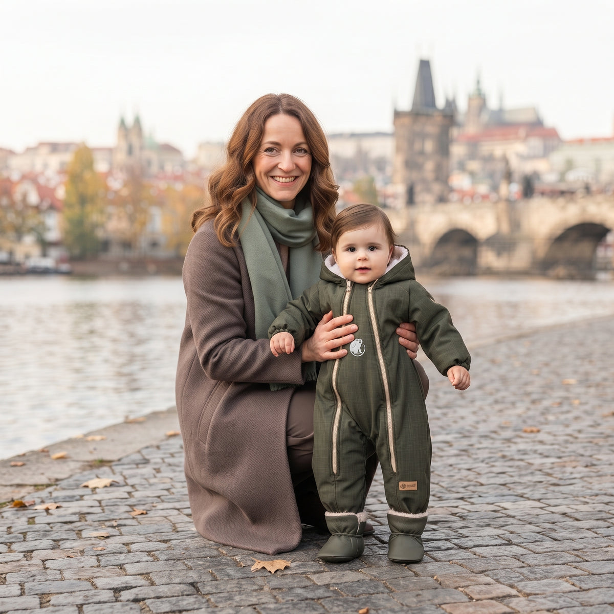 Monkey Mum® Children's winter softshell snowsuit with fleece lining - Khaki Little Hunter - size 62/68, 74/80