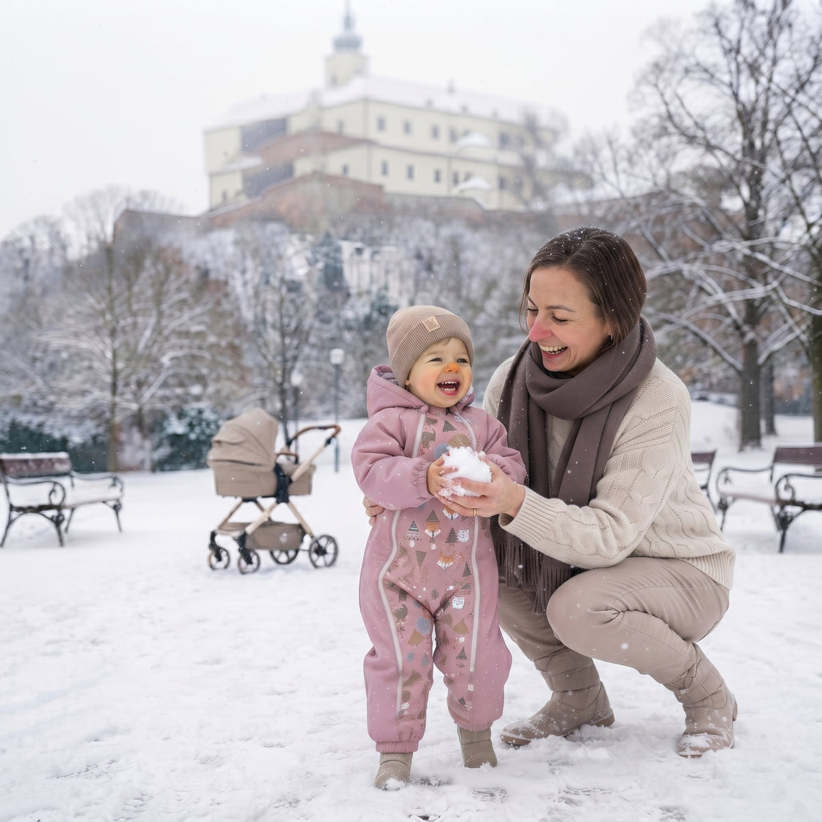 Monkey Mum® Children's winter softshell snowsuit with sherpa fleece - Pink sheep in the forest - size 62/68, 74/80