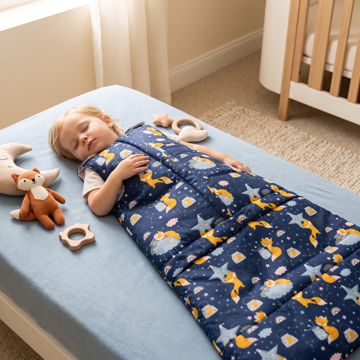 Monkey Mum® téli, együtt növő hálózsák 0 - 4 év - szett - Álmodozás a rókával