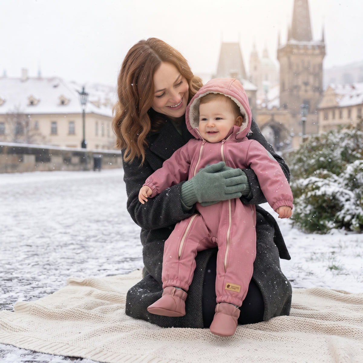 Monkey Mum® Children's winter softshell snowsuit with fleece lining - Pink Little Sheep - size 62/68, 74/80