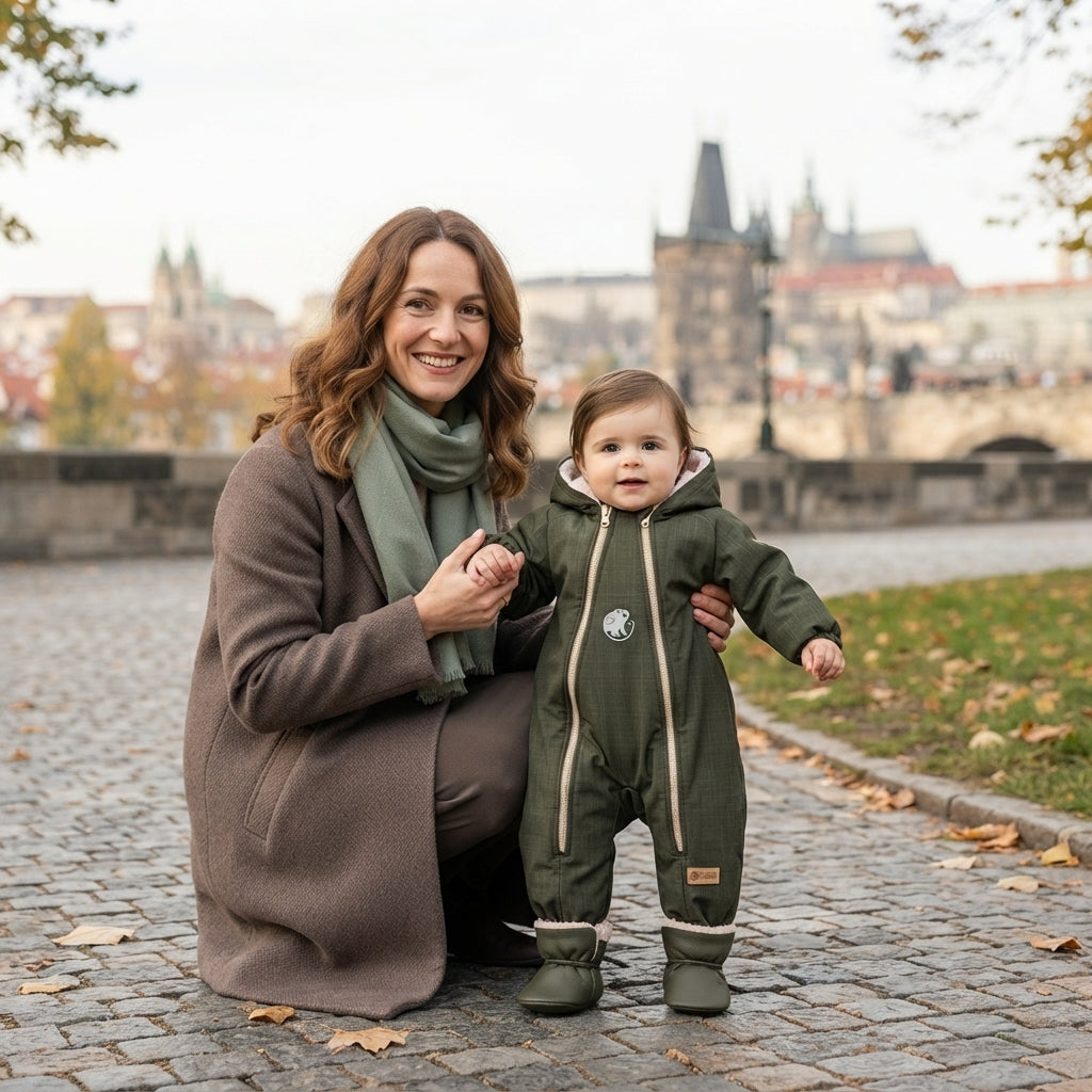 Monkey Mum® Children's winter softshell snowsuit with fleece lining - Khaki Little Hunter - size 62/68, 74/80