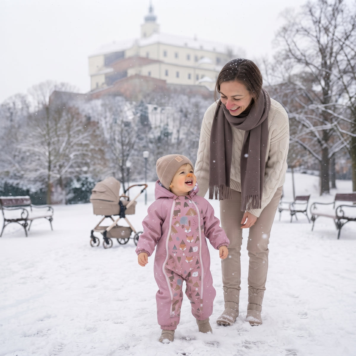 Monkey Mum® Children's winter softshell snowsuit with sherpa fleece - Pink sheep in the forest - size 62/68, 74/80