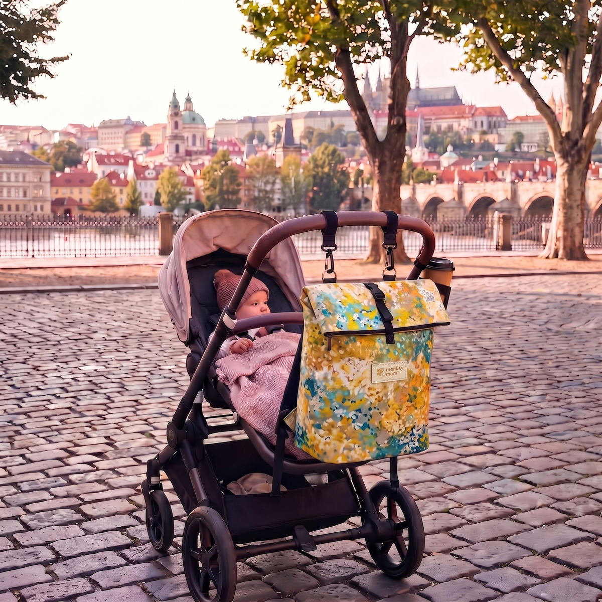 Monkey Mum® Twillryggsäck för barnvagn – Blommande äng
