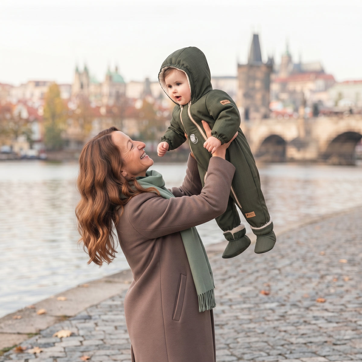 Monkey Mum® Children's winter softshell snowsuit with fleece lining - Khaki Little Hunter - size 62/68, 74/80