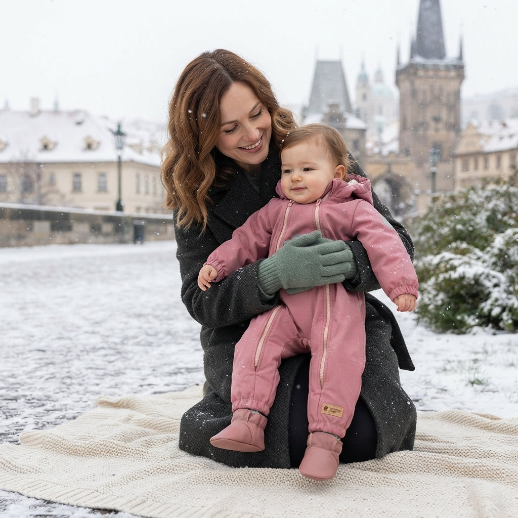 Monkey Mum® Children's winter softshell snowsuit with fleece lining - Pink Little Sheep - size 62/68, 74/80