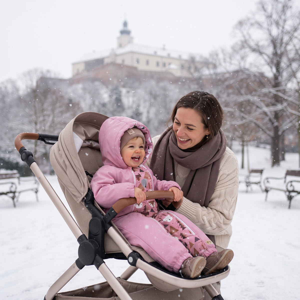 Monkey Mum® Children's winter softshell snowsuit with sherpa fleece - Pink sheep in the forest - size 62/68, 74/80