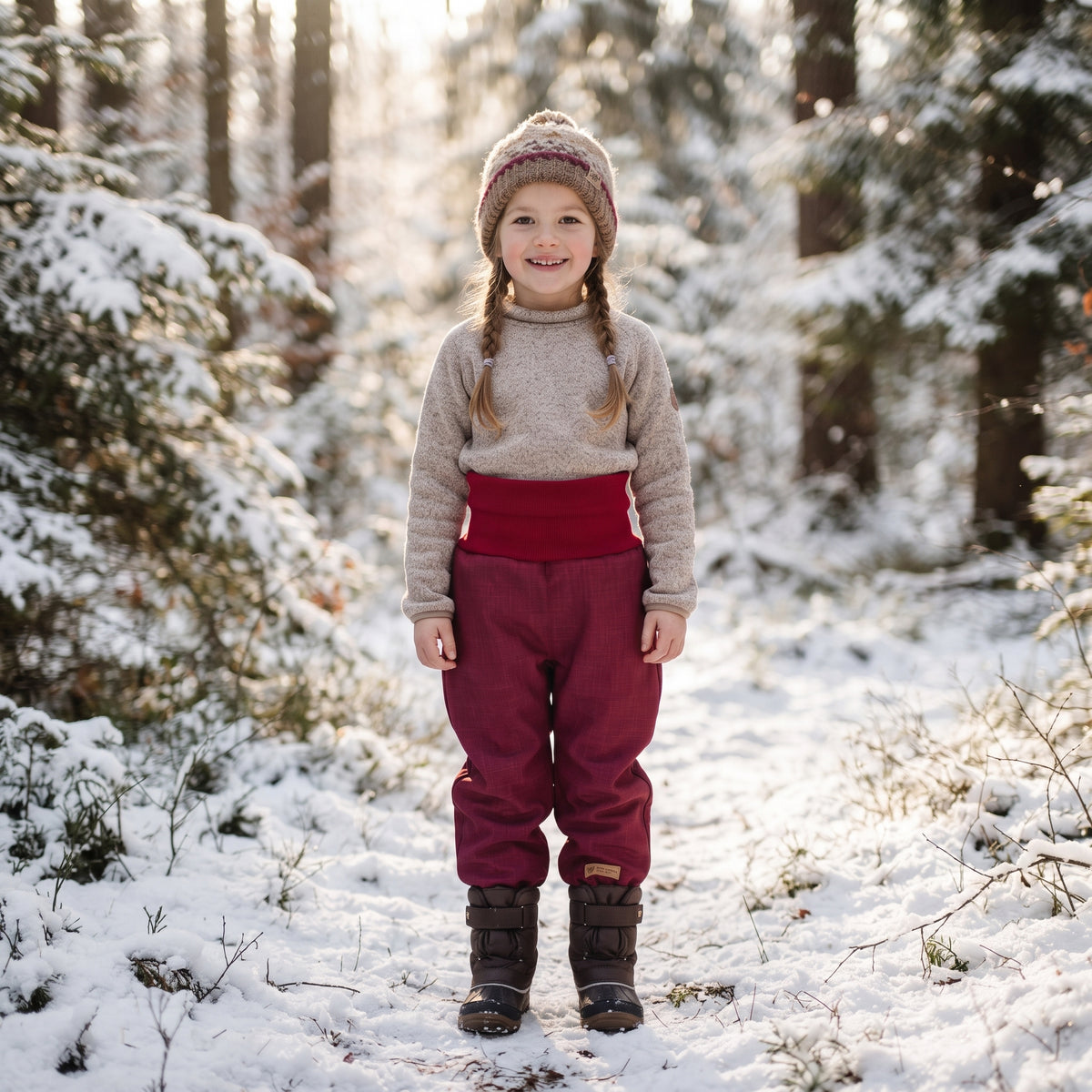 Children's growing winter softshell pants with fleece lining Monkey Mum® - Burgundy Little Red Riding Hood