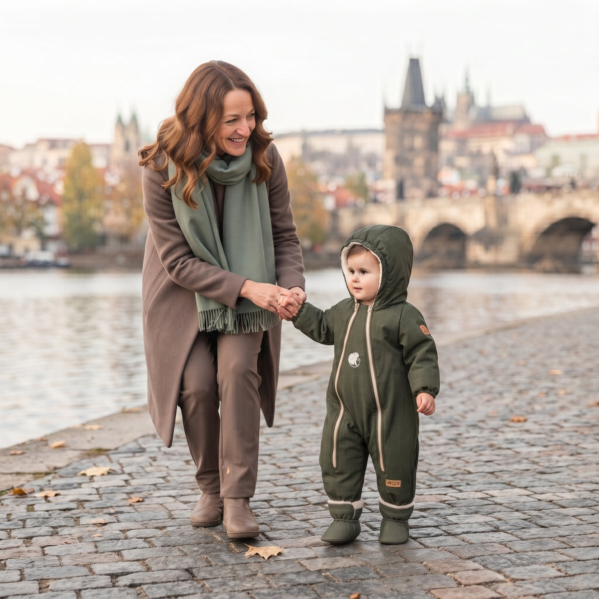 Monkey Mum® Children's winter softshell snowsuit with fleece lining - Khaki Little Hunter - size 62/68, 74/80